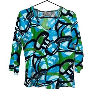 Life Style Womens Sz PM Petite Abstract Blouse Shirt Blue Green Black